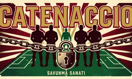 Catenaccio vintage İtalyan futbol afişi: asma kilit, zincir ve beş savunmacı