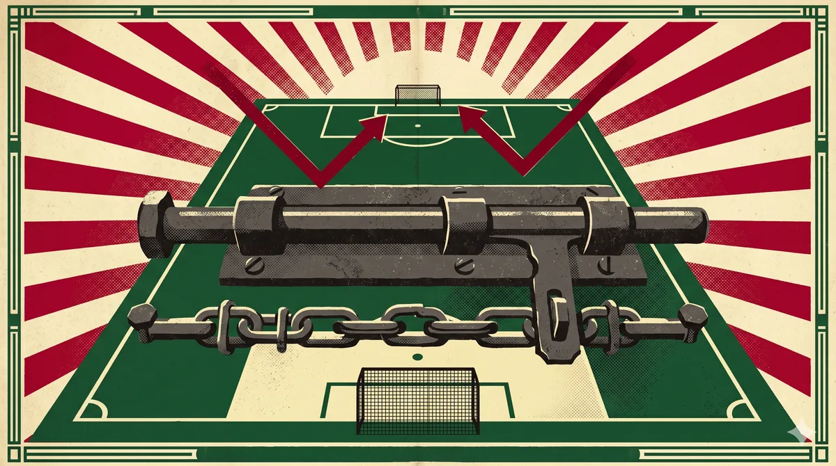 Catenaccio sistemini simgeleyen metal sürgü ve zincir, futbol sahası üzerinde retro poster