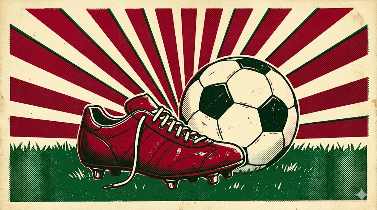 Vintage kırmızı futbol kramponu ve klasik top, tüm zamanların en iyi futbolcuları için retro illüstrasyon