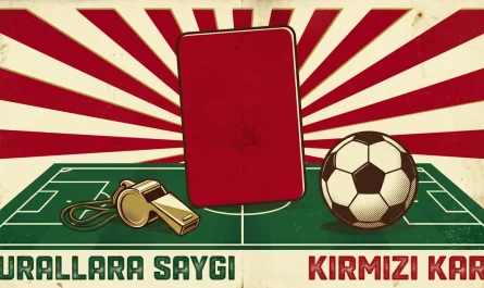 Futbol kuralları temalı vintage afiş: kırmızı kart, altın düdük ve futbol topu, Kurallara Saygı ve Kırmızı Kart yazılı