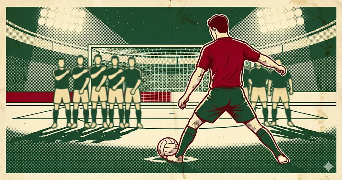 Serbest vuruş kullanmaya hazırlanan bir futbolcuyu betimleyen retro İtalyan poster tarzı illüstrasyon