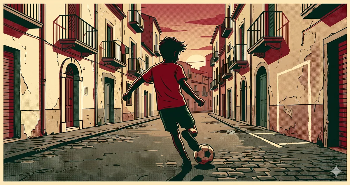 Dar bir sokakta gün batımında futbol oynayan genç bir çocuğu gösteren retro İtalyan tarzı illüstrasyon