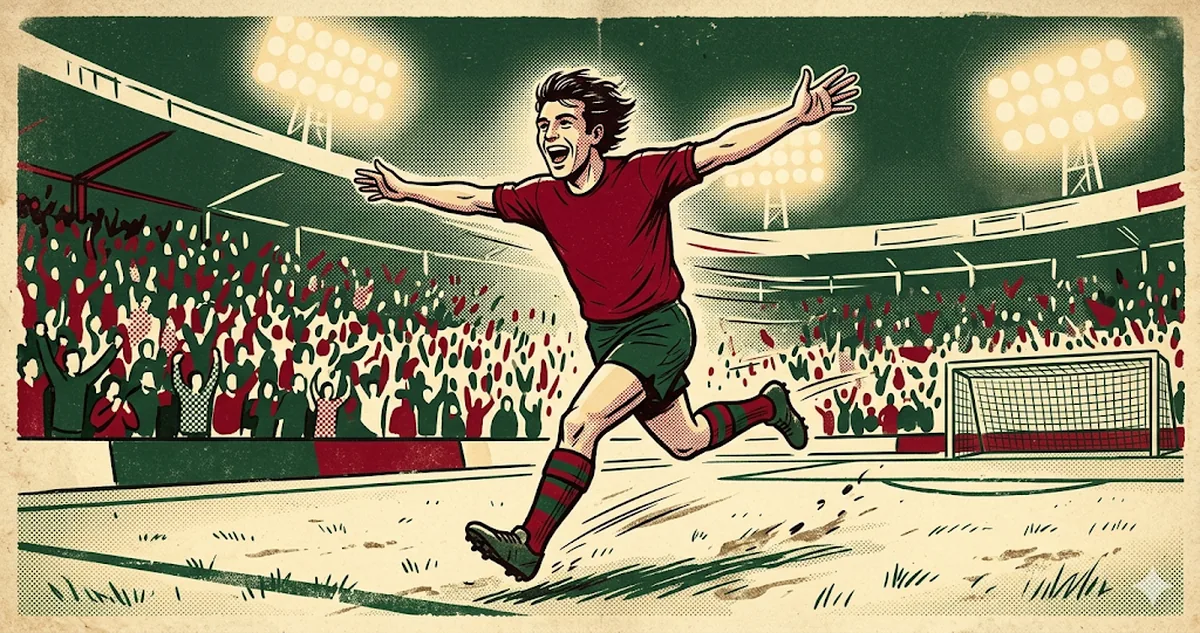 Gol sevincinde kollarını iki yana açıp uçağı taklit eden bir futbolcuyu betimleyen retro İtalyan poster tarzı illüstrasyon