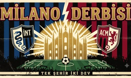 Milano derbisi vintage afişi: mavi-siyah ve kırmızı-siyah, ortada Milano Duomo